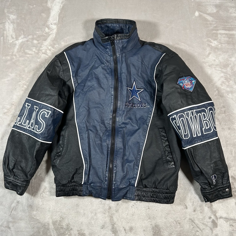 Vintage Pro Player Dallas Cowboys NFL Leather Jacket Mens Large Navy Black
